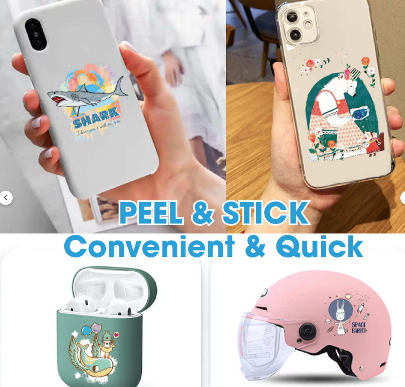 Custom UV DTF stickers applied to phone cases, AirPods case, and helmet, showcasing colorful and creative peel-and-stick designs