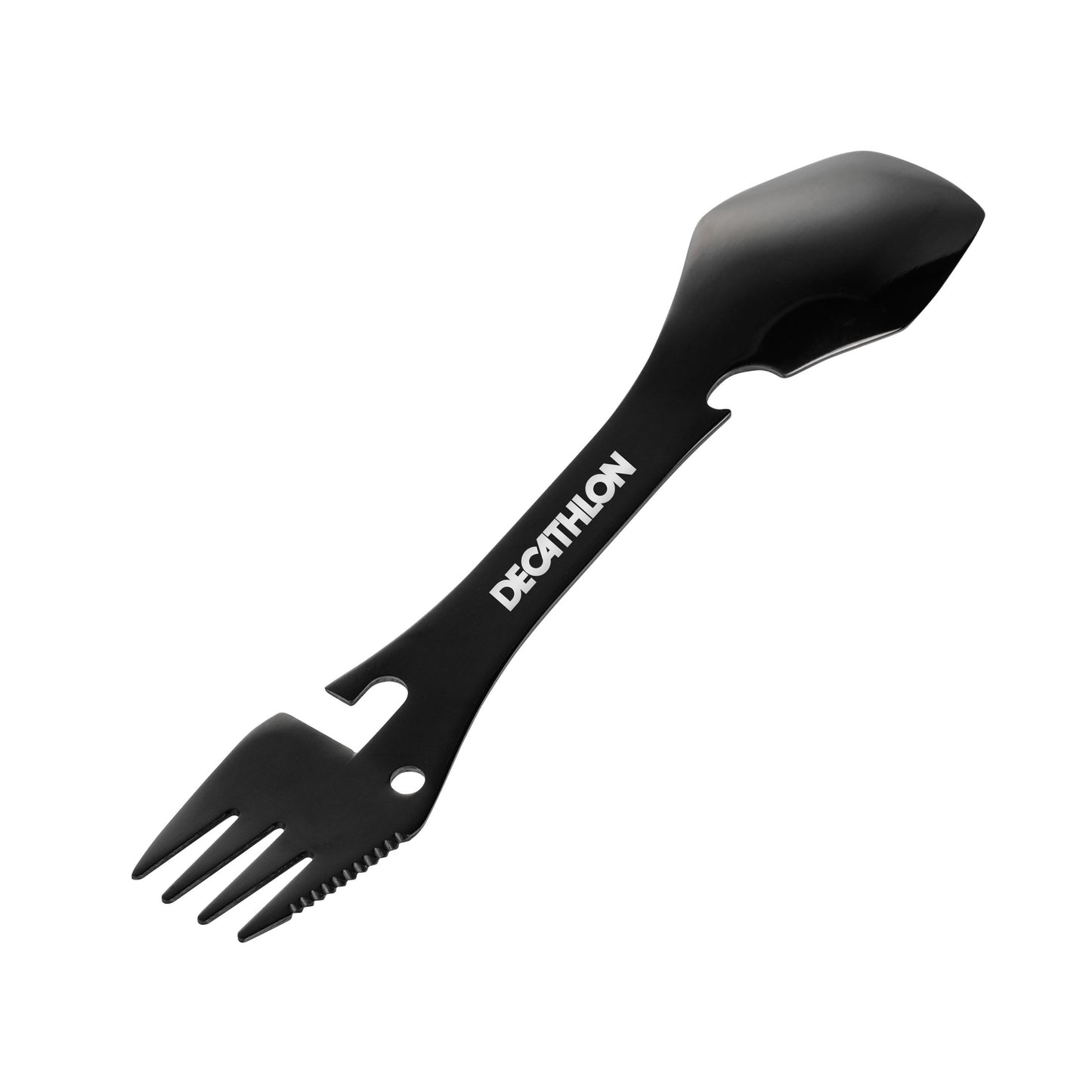Black multifunctional camping spork with a spoon on one end and a fork with serrated edge on the other; features the white logo on the handle.