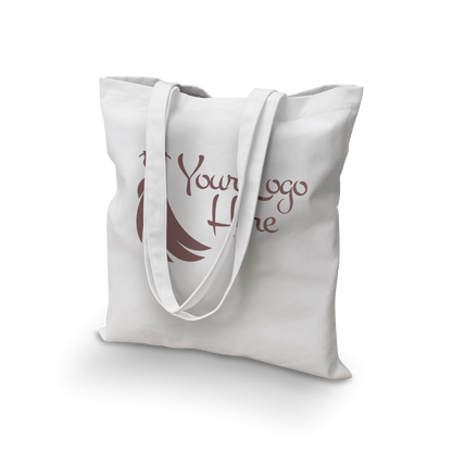 White 8oz cotton canvas tote bag with long handles and custom logo, 15”W x 16”H.