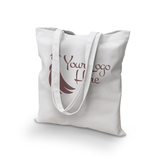 White 8oz cotton canvas tote bag with long handles and custom logo, 15”W x 16”H.