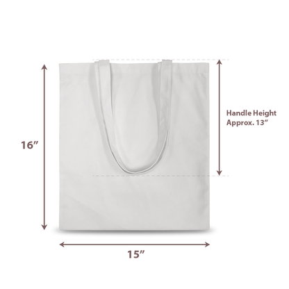 White canvas tote bag, 15”W x 16”H with approximately 13” handle height.
