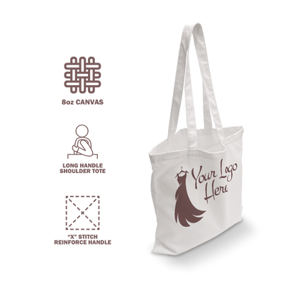 White 8oz canvas tote bag with long handles, X-stitched reinforcement, and dress logo design