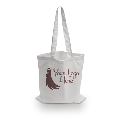 White canvas tote bag with long handles and custom dress logo design.