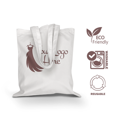 White canvas tote bag with dress logo design, labeled eco-friendly, washable, and reusable.