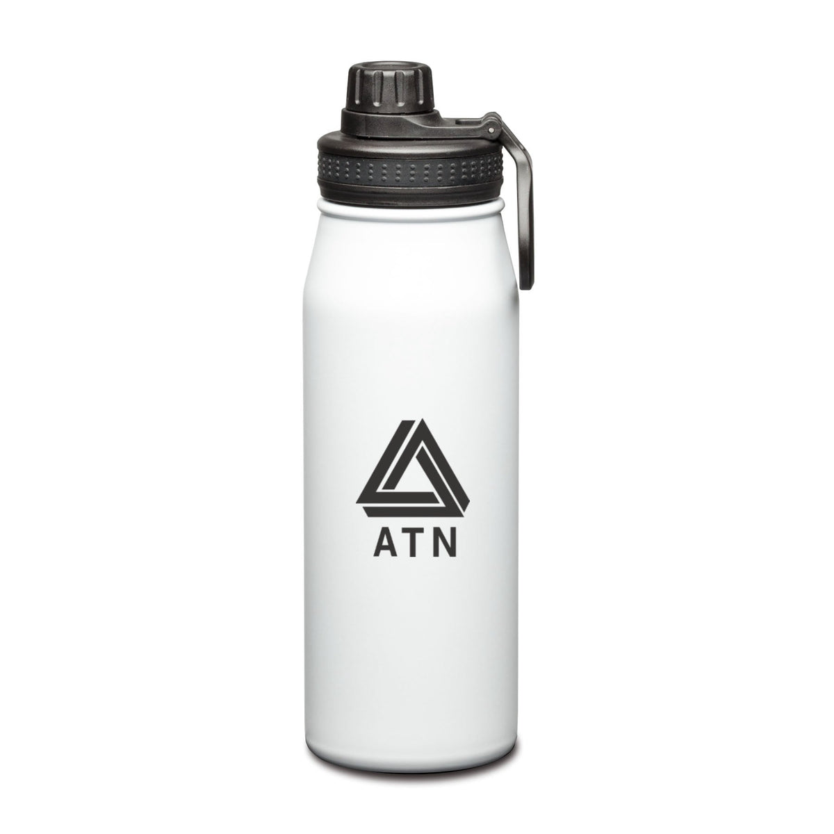White stainless steel water bottle with black screw-on lid and handle, featuring a logo on the front.