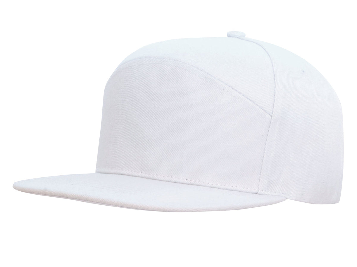 White premium A-frame cap with flat brim and blank front panel, perfect for logo customization and branded merchandise