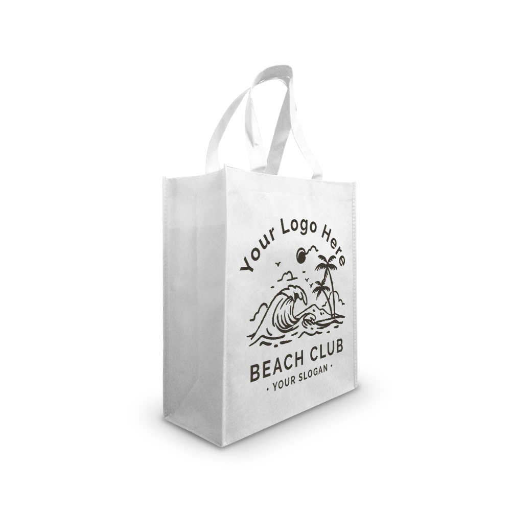 White reusable tote bag with beach-themed custom logo design.