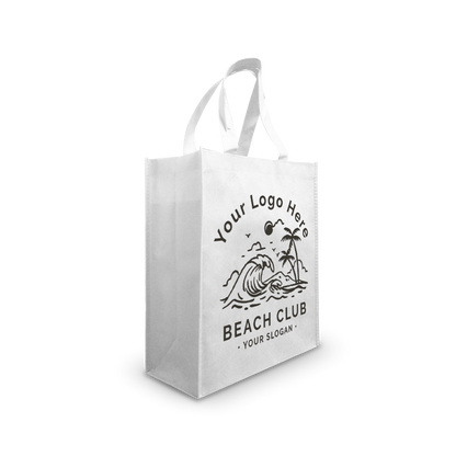 White reusable tote bag with beach-themed custom logo design.