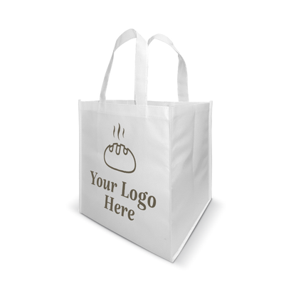 White reusable tote bag with custom bakery-themed logo