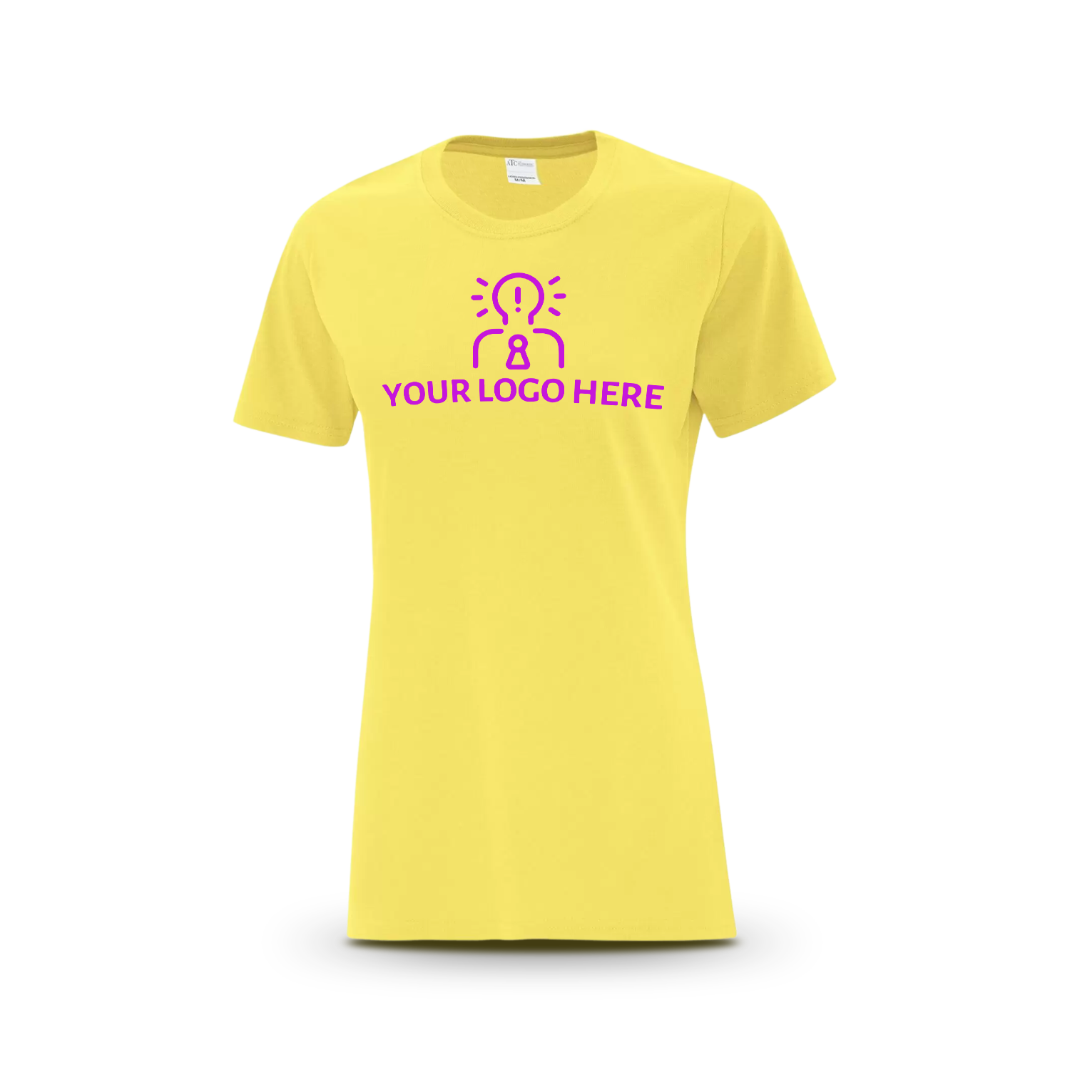 Yellow women’s T-shirt featuring a magenta placeholder logo
