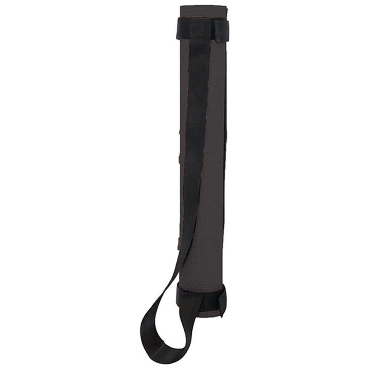 Rolled-up black yoga mat with a black carrying strap secured by hook-and-loop fasteners
