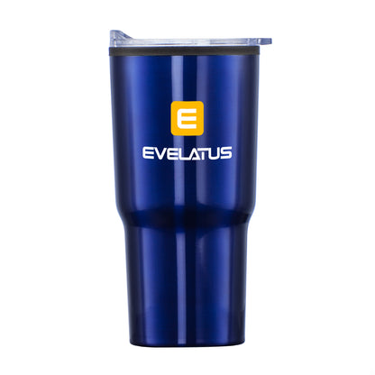 Metallic blue travel tumbler with clear lid and white Evelatus logo beneath a yellow emblem.
