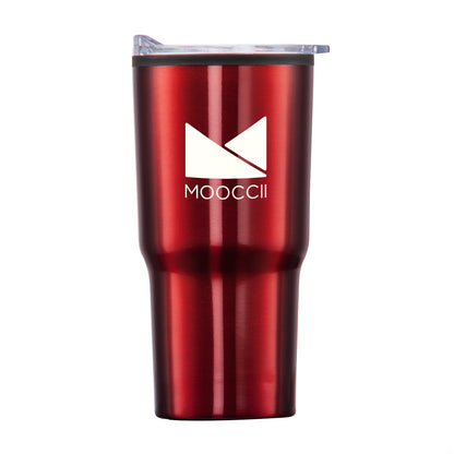 Metallic red travel tumbler with clear lid and white MOOCCII logo.