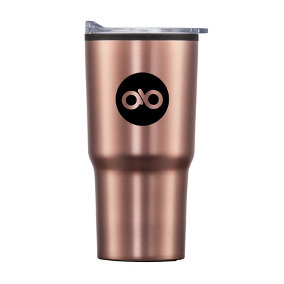 Rose gold travel tumbler with clear lid and black circular logo.