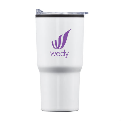 White travel tumbler with clear lid and purple Wedy logo.