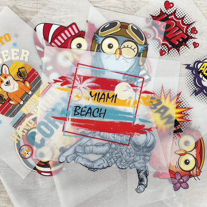 A collection of colorful Custom DTF Heat Transfer Sheets with playful designs