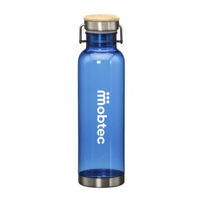 Transparent blue water bottle with bamboo lid, metal base, and black Mobtec logo.