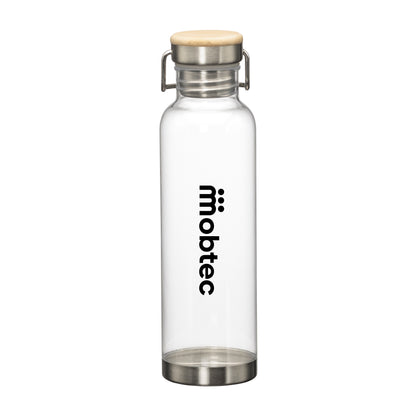 Transparent water bottle with bamboo lid, metal base, and black Mobtec logo.
