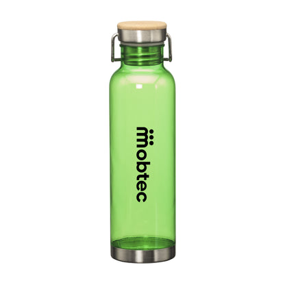 Transparent green water bottle with bamboo lid, metal base, and black Mobtec logo.
