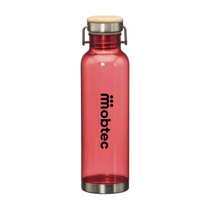 Transparent red water bottle with bamboo lid, metal base, and black Mobtec logo.