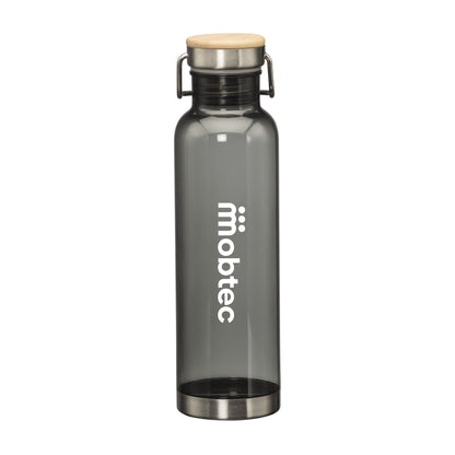 Transparent black water bottle with bamboo lid, metal base, and black Mobtec logo.